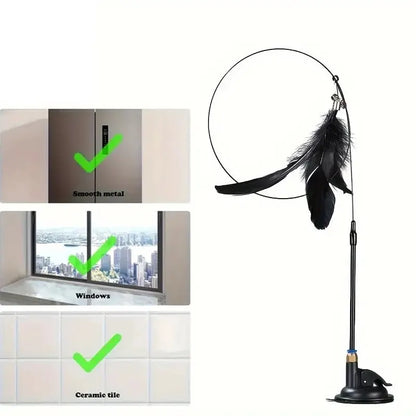 Interactive Cat Teaser Wand – Suction Cup Feather & Bell Toy